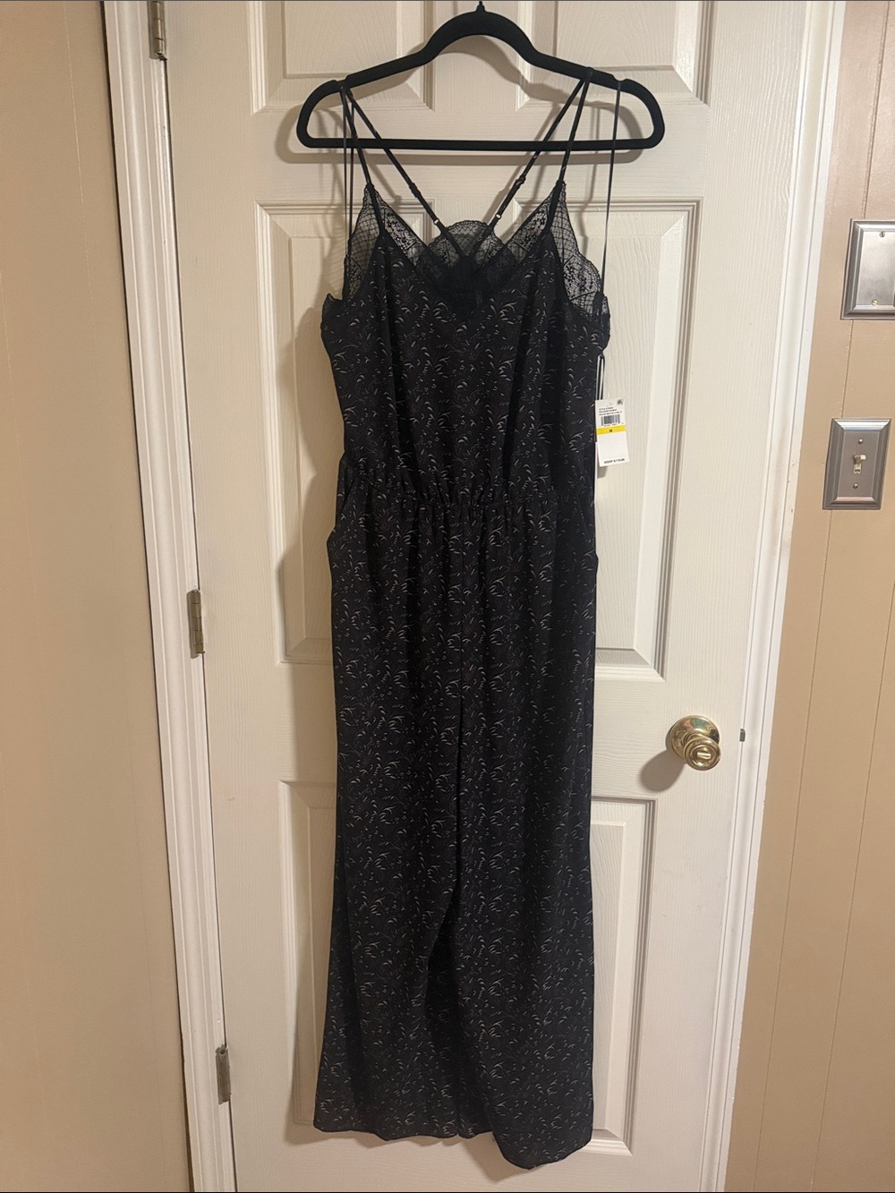 Black Lace-Trim Wide-Leg Jumpsuit with Delicate Print